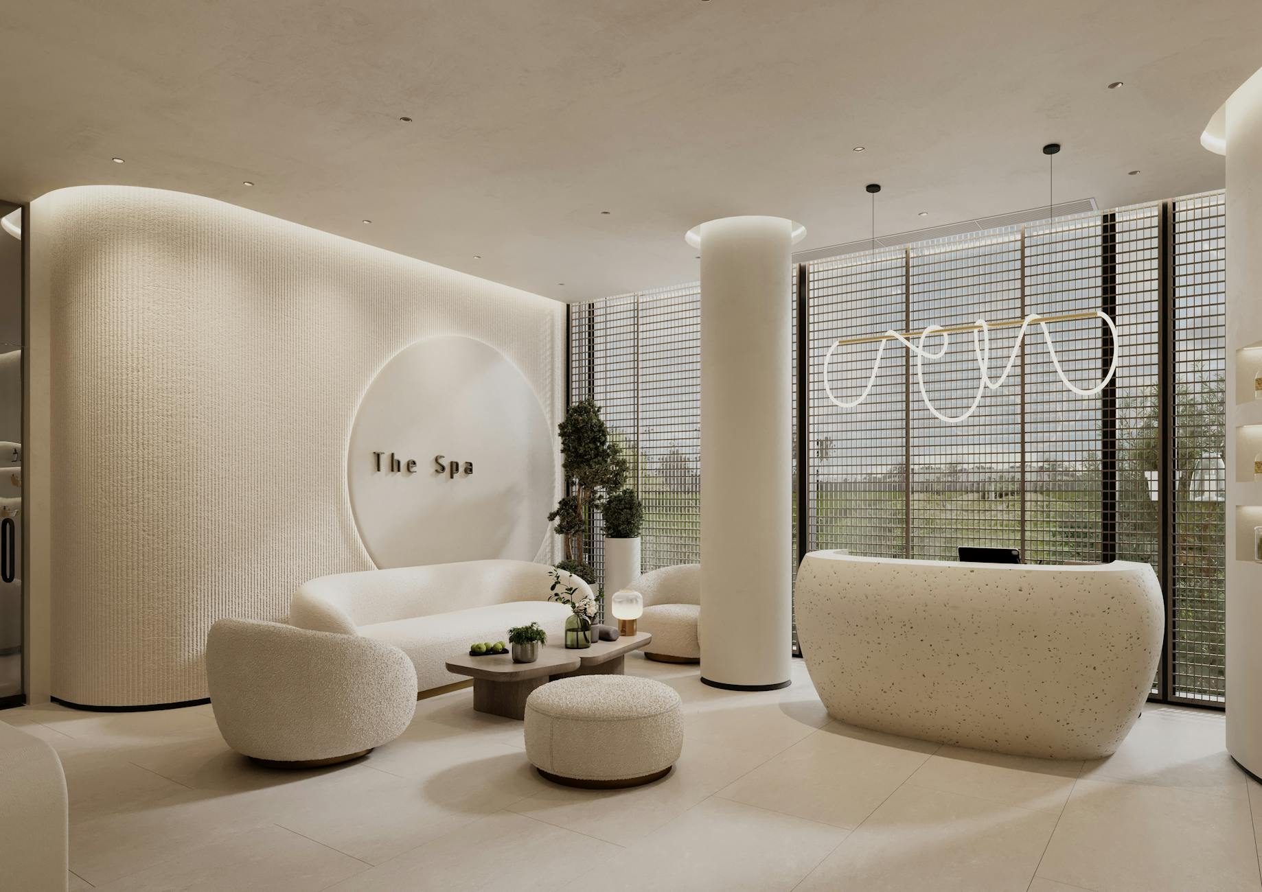 A serene and minimalist spa interior featuring curved furniture and natural light.
